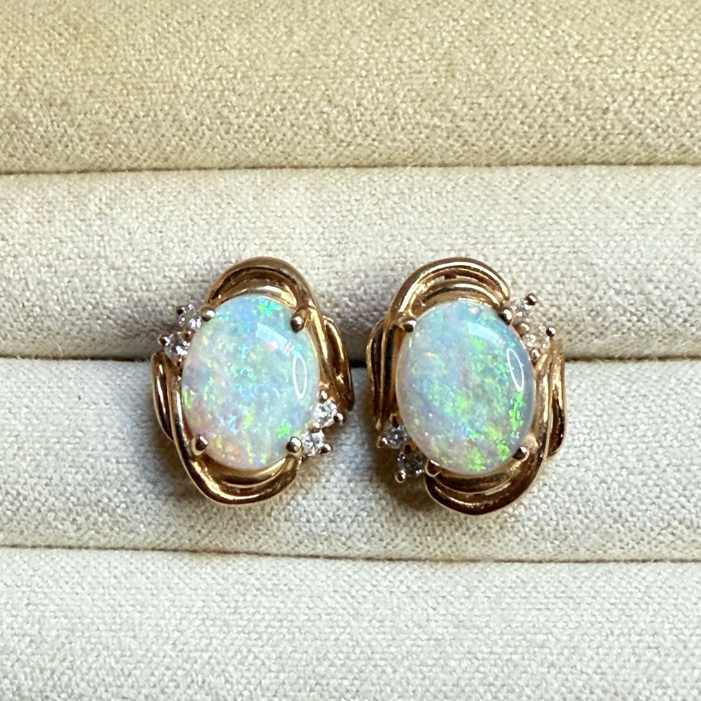 Vintage 24K Gold, Australian Opal & Diamond Earrings
